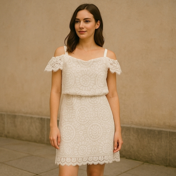 💙 Adrianna Papell Eyelet Lace Open Shoulder Cap Sleeve Lined Dress Size 6 - Picture 1 of 11
